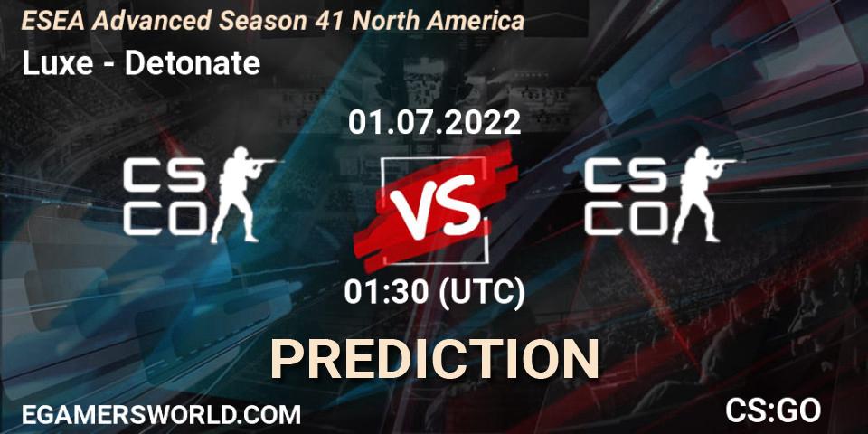 Prognose für das Spiel Luxe VS Detonate. 01.07.2022 at 00:30. Counter-Strike (CS2) - ESEA Advanced Season 41 North America