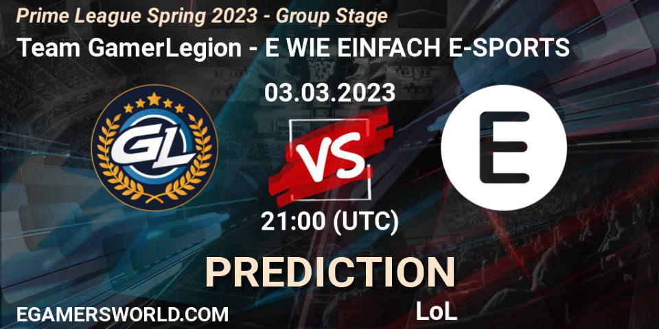 Prognose für das Spiel Team GamerLegion VS E WIE EINFACH E-SPORTS. 03.03.2023 at 18:00. LoL - Prime League Spring 2023 - Group Stage