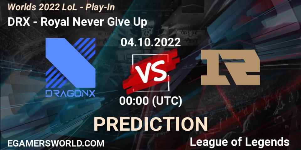 Prognose für das Spiel DRX VS Royal Never Give Up. 30.09.2022 at 05:00. LoL - Worlds 2022 LoL - Play-In