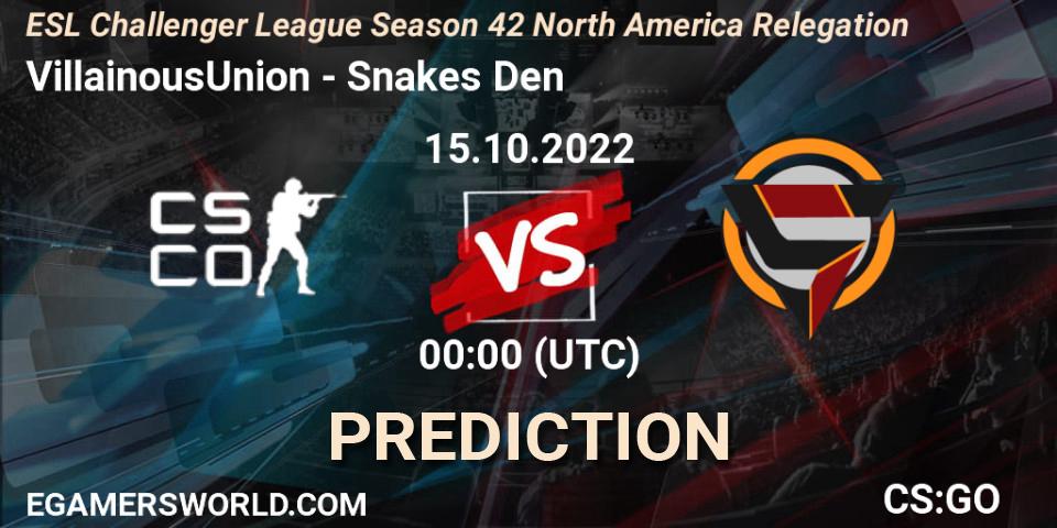 Prognose für das Spiel Villainous VS Snakes Den. 15.10.2022 at 00:00. Counter-Strike (CS2) - ESL Challenger League Season 42 North America Relegation