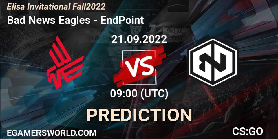 Prognose für das Spiel Bad News Eagles VS EndPoint. 21.09.2022 at 09:00. Counter-Strike (CS2) - Elisa Invitational Fall 2022