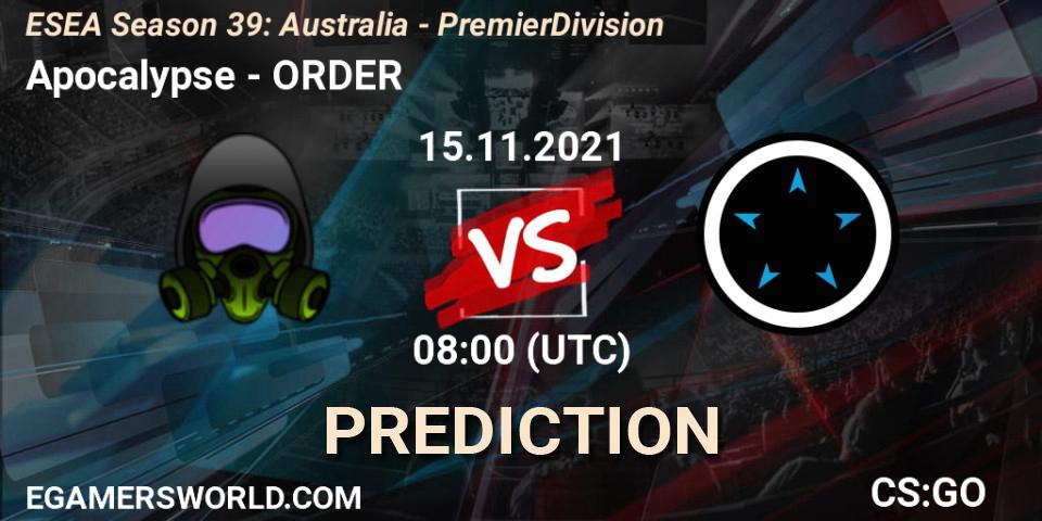 Prognose für das Spiel Apocalypse VS ORDER. 15.11.2021 at 08:00. Counter-Strike (CS2) - ESEA Season 39: Australia - Premier Division