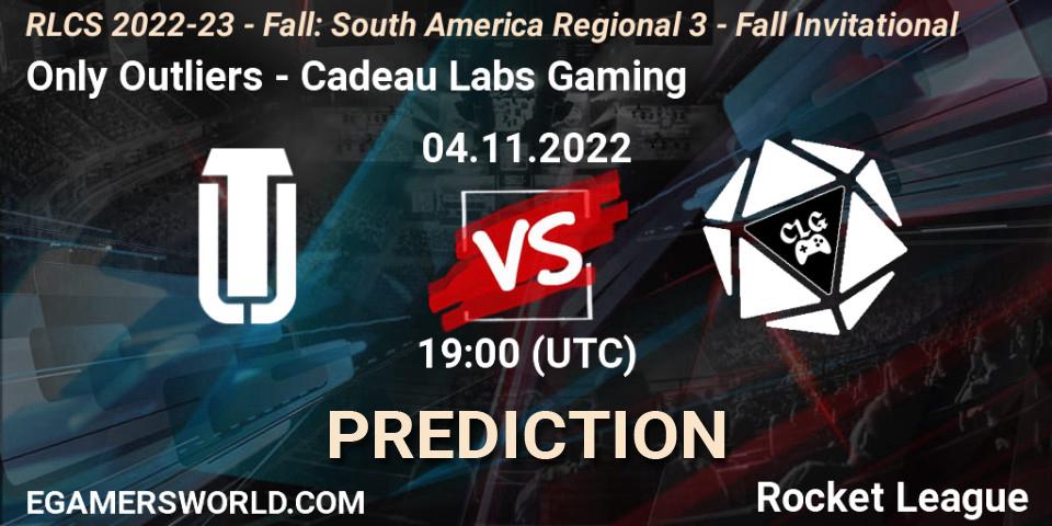 Prognose für das Spiel Only Outliers VS Cadeau Labs Gaming. 04.11.2022 at 19:00. Rocket League - RLCS 2022-23 - Fall: South America Regional 3 - Fall Invitational