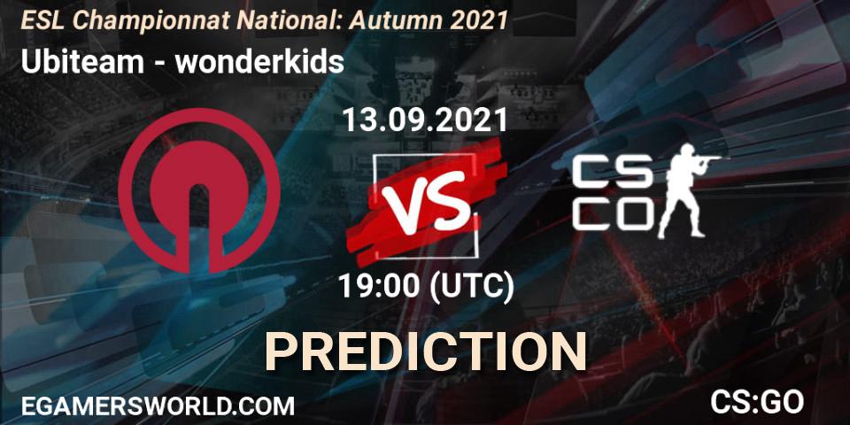 Prognose für das Spiel Ubiteam VS wonderkids. 13.09.2021 at 16:00. Counter-Strike (CS2) - ESL Championnat National: Autumn 2021
