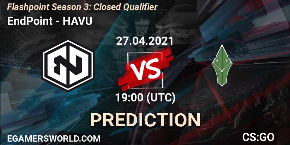 Prognose für das Spiel EndPoint VS HAVU. 27.04.2021 at 19:00. Counter-Strike (CS2) - Flashpoint Season 3: Closed Qualifier