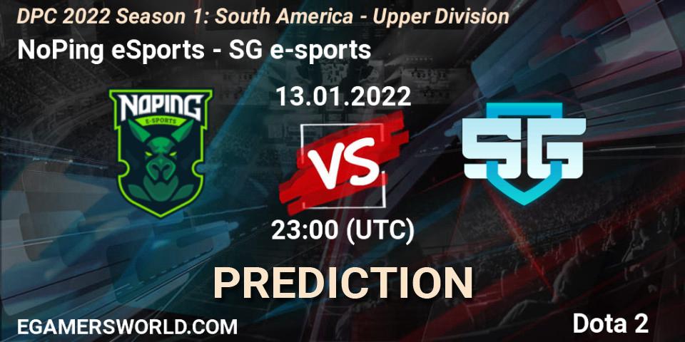 Prognose für das Spiel NoPing eSports VS SG e-sports. 13.01.2022 at 23:36. Dota 2 - DPC 2022 Season 1: South America - Upper Division
