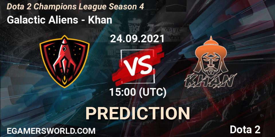Prognose für das Spiel Galactic Aliens VS Khan. 30.09.2021 at 15:01. Dota 2 - Dota 2 Champions League Season 4