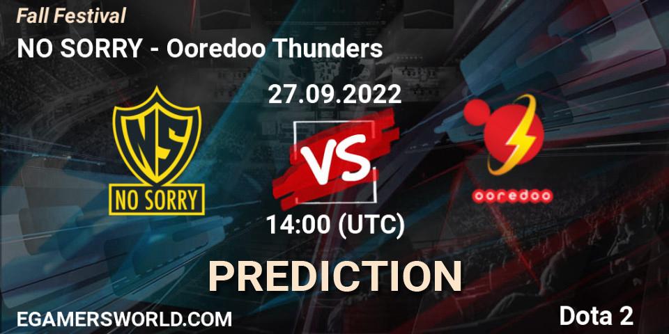Prognose für das Spiel NO SORRY VS Ooredoo Thunders. 27.09.2022 at 14:08. Dota 2 - Fall Festival