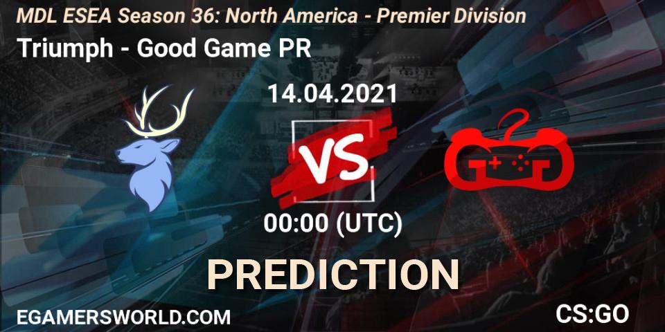 Prognose für das Spiel Triumph VS Good Game PR. 14.04.2021 at 00:00. Counter-Strike (CS2) - MDL ESEA Season 36: North America - Premier Division