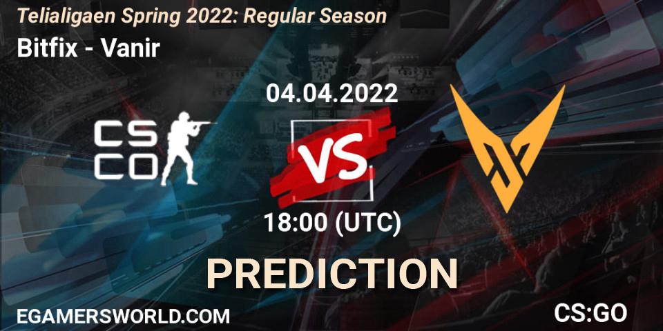 Prognose für das Spiel Bitfix VS Vanir. 04.04.2022 at 18:00. Counter-Strike (CS2) - Telialigaen Spring 2022: Regular Season