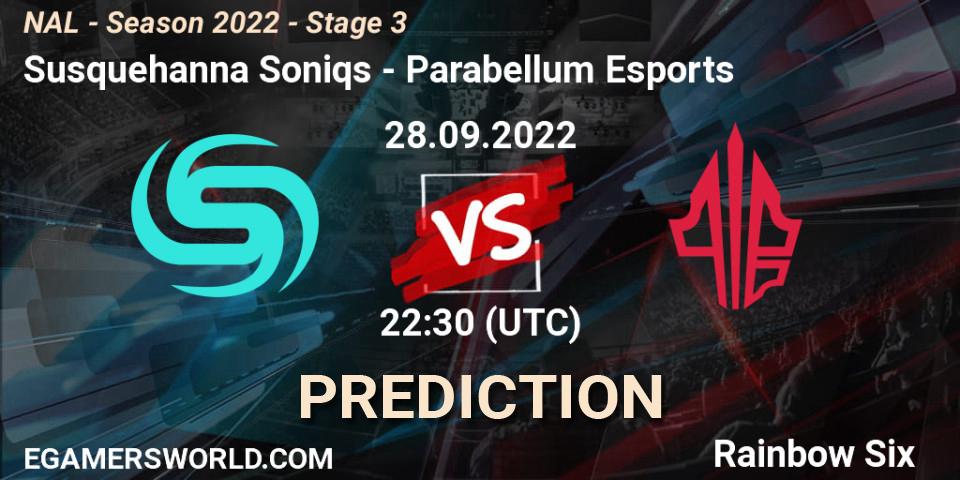 Prognose für das Spiel Susquehanna Soniqs VS Parabellum Esports. 28.09.2022 at 22:30. Rainbow Six - NAL - Season 2022 - Stage 3