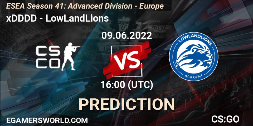 Prognose für das Spiel xDDDD VS LowLandLions. 09.06.2022 at 16:00. Counter-Strike (CS2) - ESEA Season 41: Advanced Division - Europe