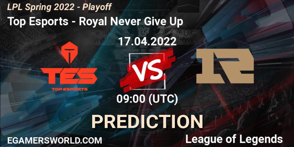 Prognose für das Spiel Top Esports VS Royal Never Give Up. 17.04.2022 at 09:00. LoL - LPL Spring 2022 - Playoff