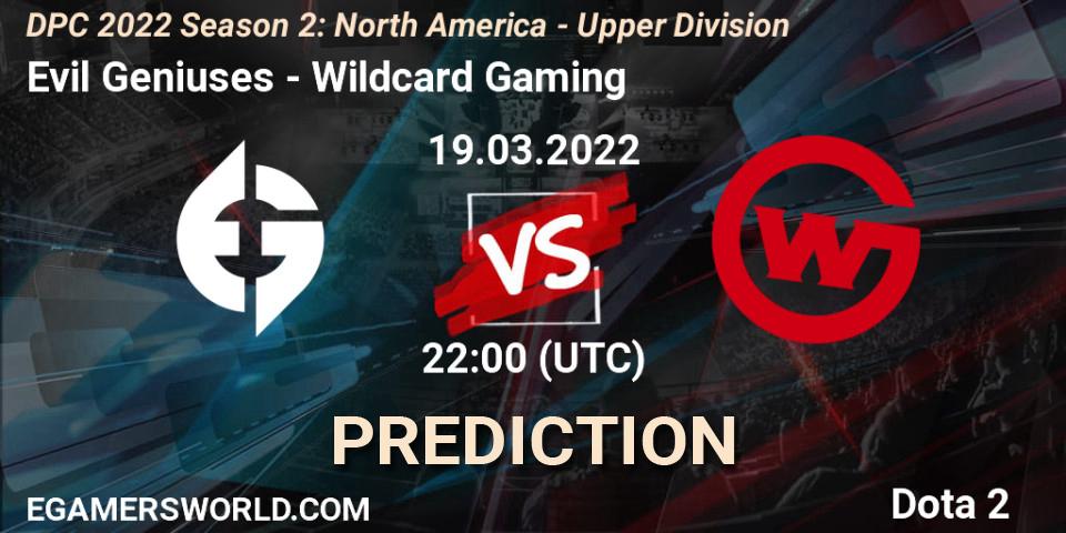 Prognose für das Spiel Evil Geniuses VS Wildcard Gaming. 19.03.2022 at 22:56. Dota 2 - DPC 2021/2022 Tour 2 (Season 2): NA Division I (Upper) - ESL One Spring 2022
