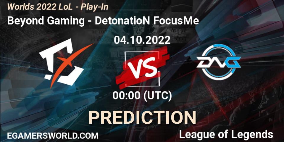 Prognose für das Spiel Beyond Gaming VS DetonatioN FocusMe. 01.10.2022 at 22:00. LoL - Worlds 2022 LoL - Play-In
