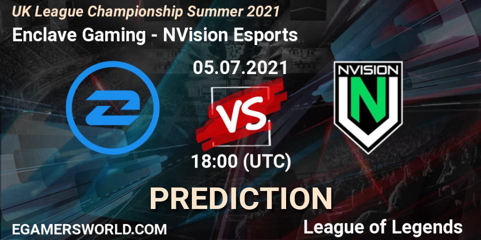 Prognose für das Spiel Enclave Gaming VS NVision Esports. 05.07.2021 at 18:00. LoL - UK League Championship Summer 2021