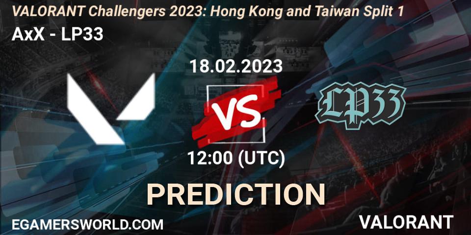 Prognose für das Spiel AxX VS LP33. 18.02.2023 at 09:50. VALORANT - VALORANT Challengers 2023: Hong Kong and Taiwan Split 1