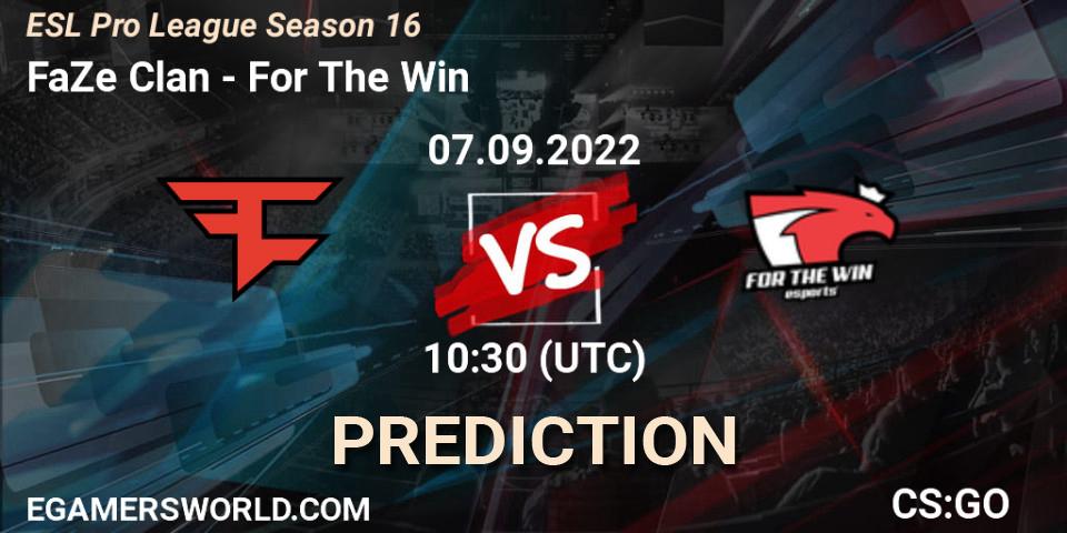 Prognose für das Spiel FaZe Clan VS For The Win. 07.09.2022 at 10:30. Counter-Strike (CS2) - ESL Pro League Season 16
