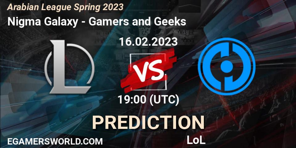 Prognose für das Spiel Nigma Galaxy MENA VS Gamers and Geeks. 16.02.2023 at 19:00. LoL - Arabian League Spring 2023