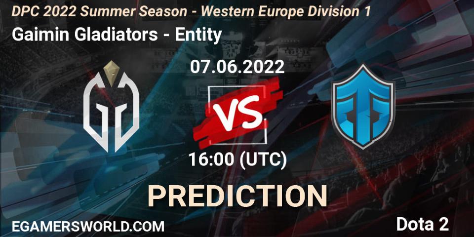 Prognose für das Spiel Gaimin Gladiators VS Entity. 07.06.22. Dota 2 - DPC WEU 2021/2022 Tour 3: Division I
