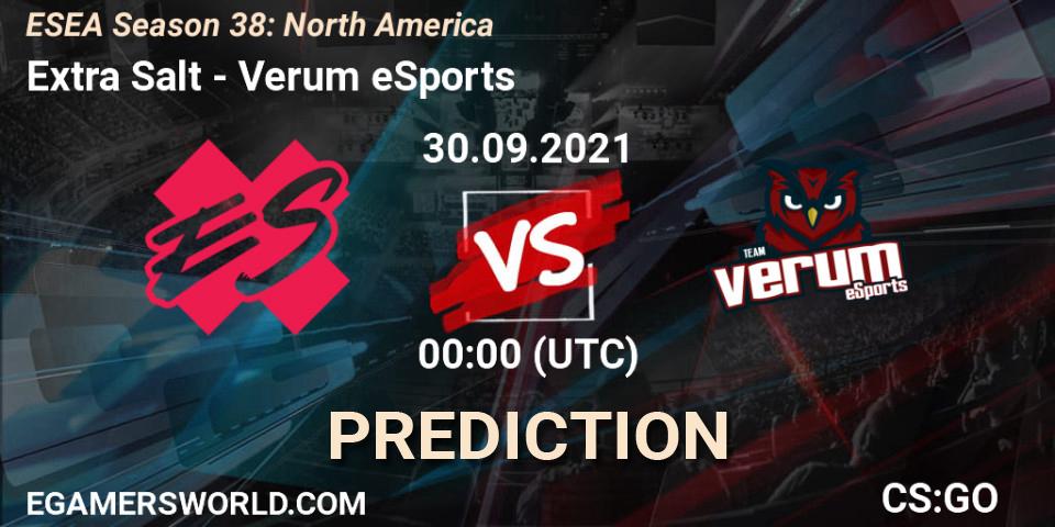 Prognose für das Spiel Extra Salt VS Verum eSports. 30.09.2021 at 00:00. Counter-Strike (CS2) - ESEA Season 38: North America 