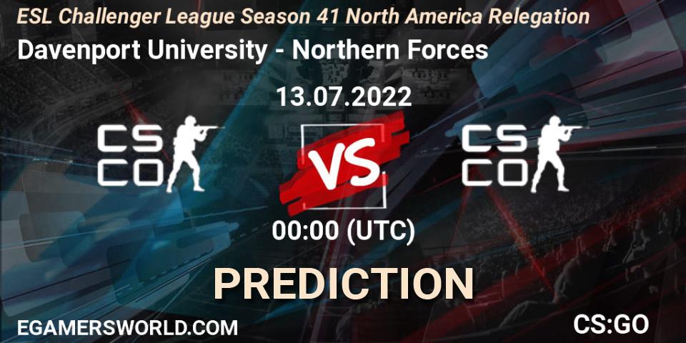 Prognose für das Spiel Davenport University VS Northern Forces. 13.07.2022 at 00:00. Counter-Strike (CS2) - ESL Challenger League Season 41 North America Relegation