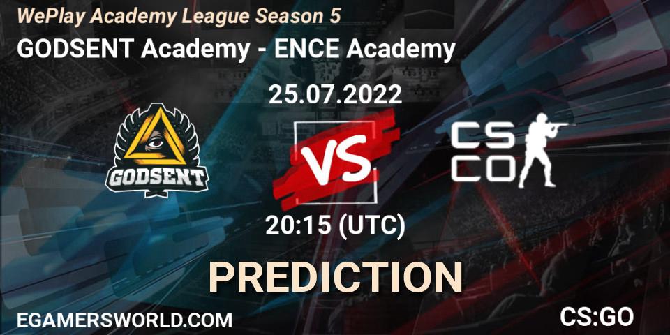Prognose für das Spiel GODSENT Academy VS ENCE Academy. 25.07.2022 at 20:15. Counter-Strike (CS2) - WePlay Academy League Season 5