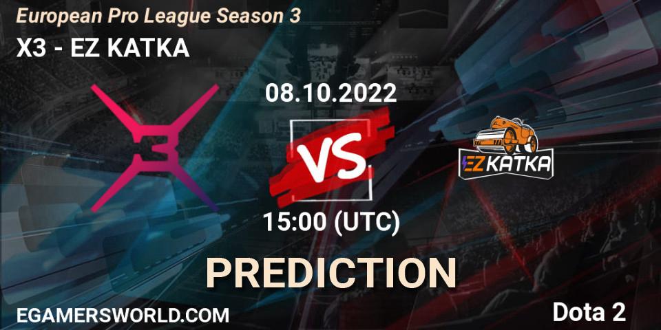Prognose für das Spiel X3 VS EZ KATKA. 08.10.2022 at 15:38. Dota 2 - European Pro League Season 3 