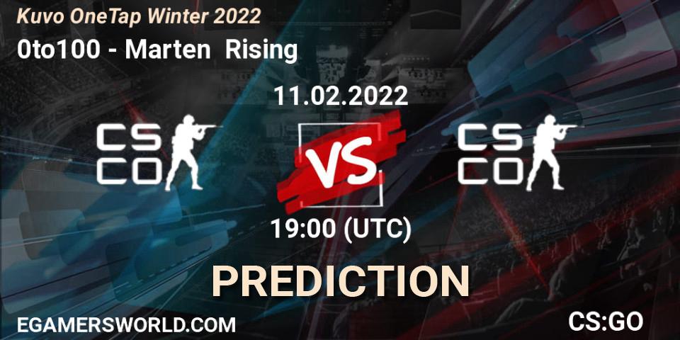 Prognose für das Spiel 0to100 VS Marten Rising. 11.02.2022 at 20:45. Counter-Strike (CS2) - Kuvo OneTap Winter 2022