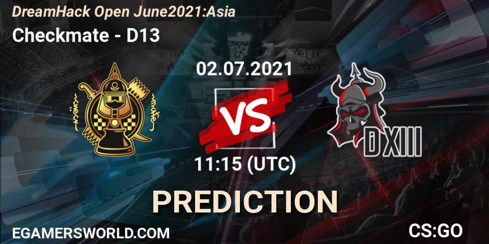 Prognose für das Spiel Checkmate VS D13. 02.07.2021 at 11:15. Counter-Strike (CS2) - DreamHack Open June 2021: Asia