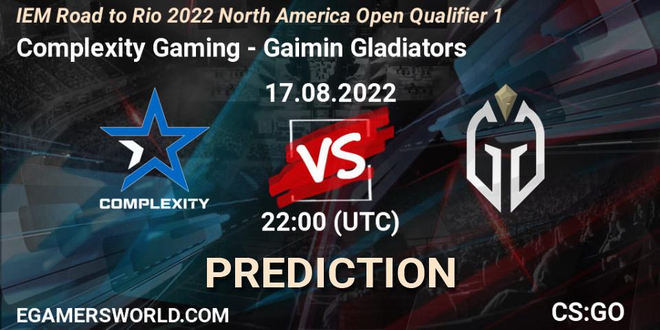 Prognose für das Spiel Complexity Gaming VS Gaimin Gladiators. 17.08.2022 at 22:00. Counter-Strike (CS2) - IEM Road to Rio 2022 North America Open Qualifier 1