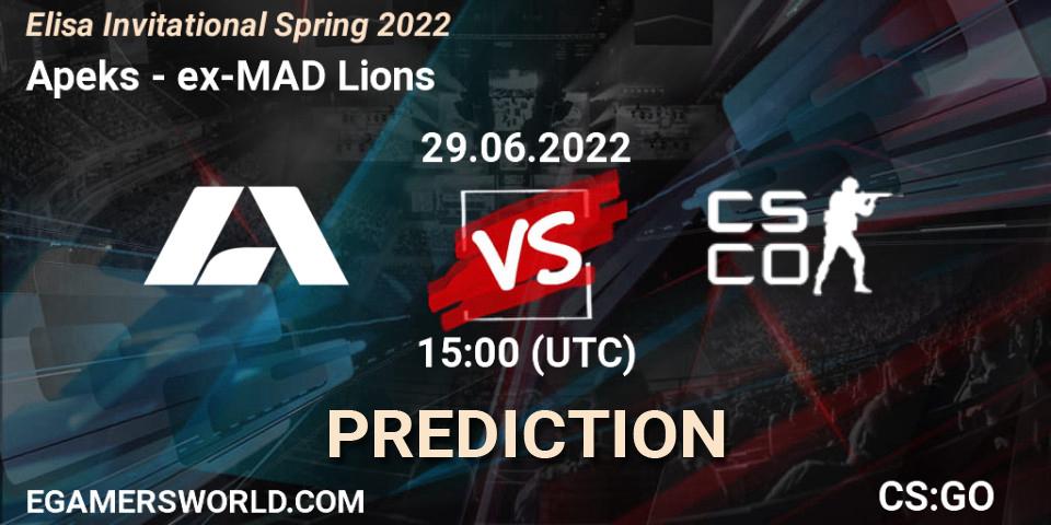 Prognose für das Spiel Apeks VS ex-MAD Lions. 29.06.2022 at 11:00. Counter-Strike (CS2) - Elisa Invitational Spring 2022