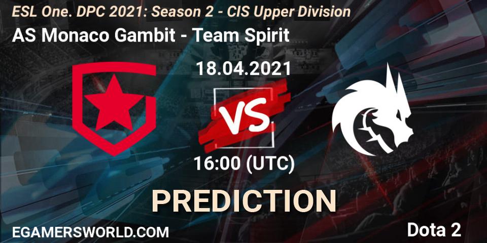 Prognose für das Spiel AS Monaco Gambit VS Team Spirit. 18.04.21. Dota 2 - ESL One. DPC 2021: Season 2 - CIS Upper Division