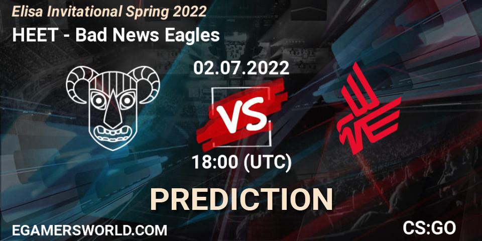 Prognose für das Spiel HEET VS Bad News Eagles. 02.07.2022 at 18:00. Counter-Strike (CS2) - Elisa Invitational Spring 2022