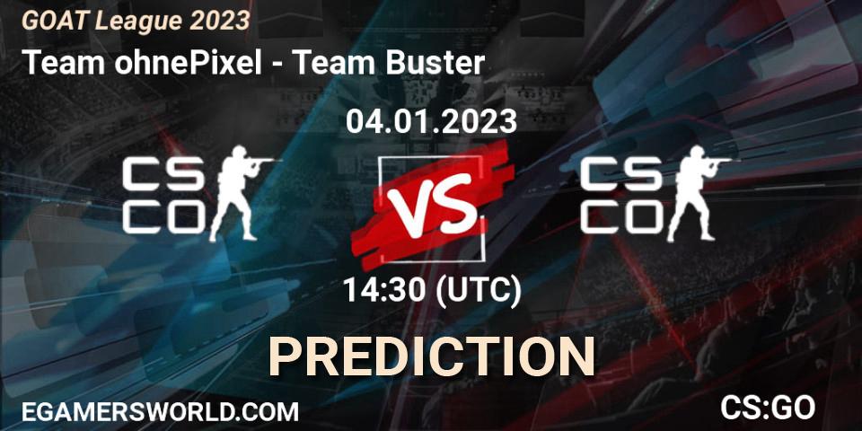 Prognose für das Spiel Team ohnePixel VS Team Buster. 04.01.2023 at 13:00. Counter-Strike (CS2) - GOAT League 2023