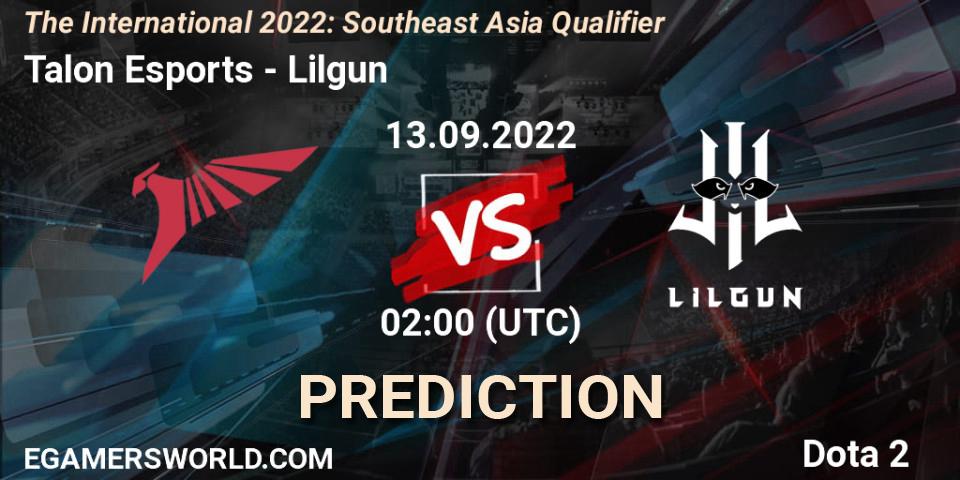 Prognose für das Spiel Talon Esports VS Lilgun. 13.09.2022 at 02:11. Dota 2 - The International 2022: Southeast Asia Qualifier