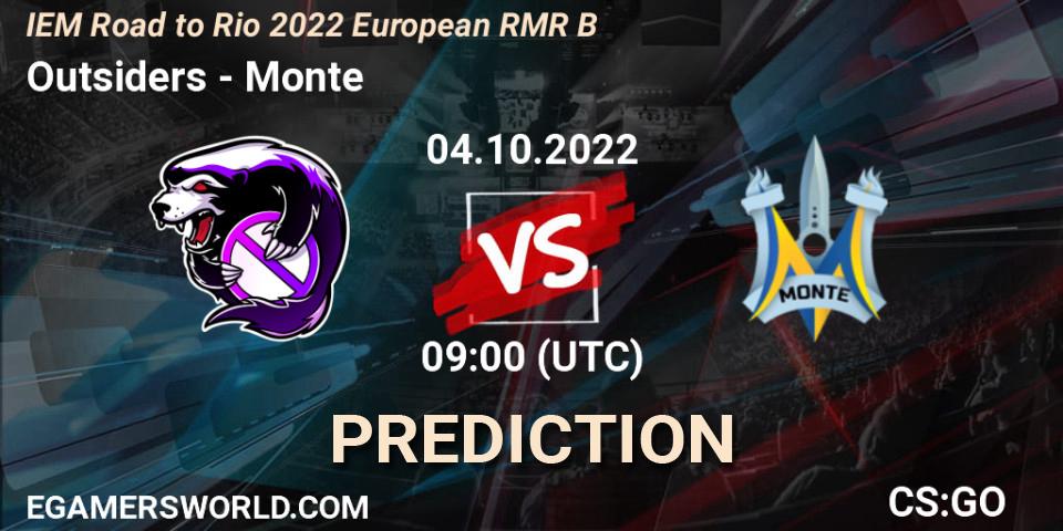 Prognose für das Spiel Outsiders VS Monte. 04.10.2022 at 14:20. Counter-Strike (CS2) - IEM Road to Rio 2022 European RMR B