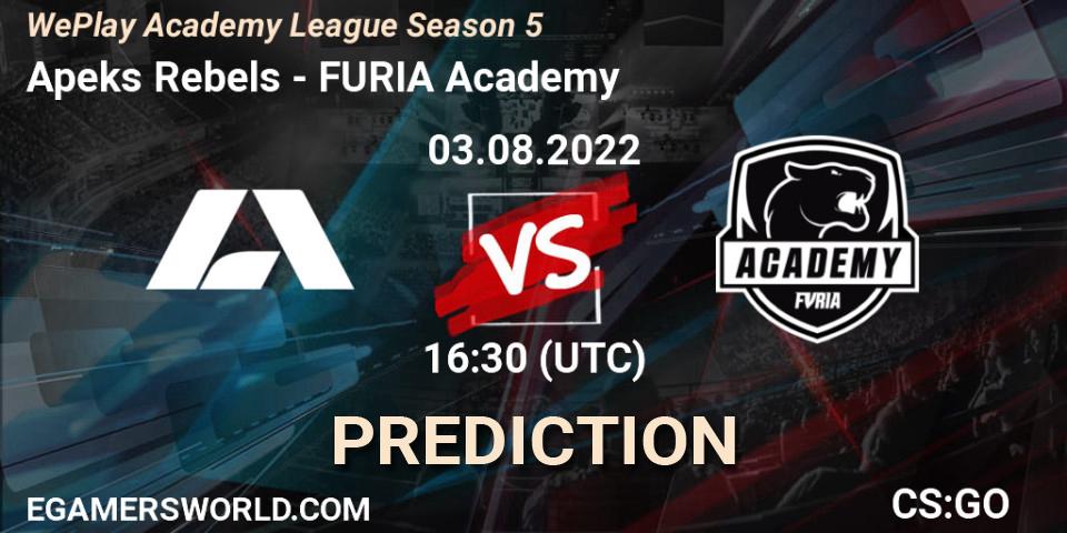 Prognose für das Spiel Apeks Rebels VS FURIA Academy. 03.08.2022 at 16:30. Counter-Strike (CS2) - WePlay Academy League Season 5