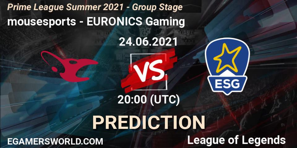 Prognose für das Spiel mousesports VS EURONICS Gaming. 24.06.21. LoL - Prime League Summer 2021 - Group Stage