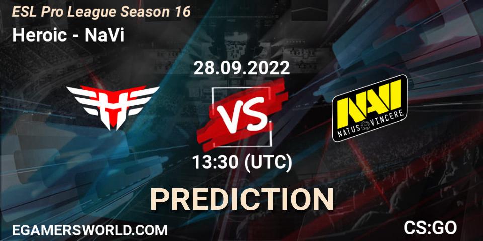 Prognose für das Spiel Heroic VS NaVi. 28.09.2022 at 17:50. Counter-Strike (CS2) - ESL Pro League Season 16