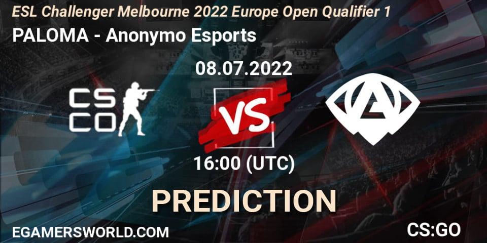 Prognose für das Spiel PALOMA VS Anonymo Esports. 08.07.2022 at 16:00. Counter-Strike (CS2) - ESL Challenger Melbourne 2022 Europe Open Qualifier 1