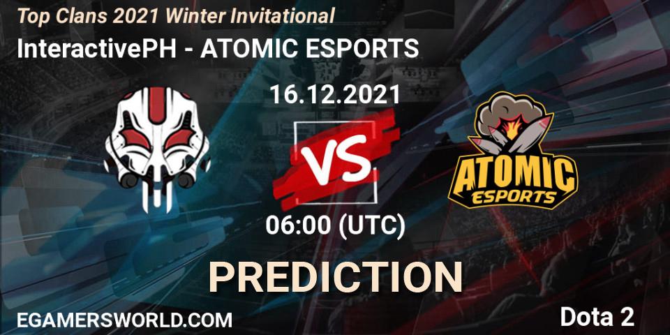 Prognose für das Spiel InteractivePH VS ATOMIC ESPORTS. 16.12.2021 at 07:21. Dota 2 - Top Clans 2021 Winter Invitational