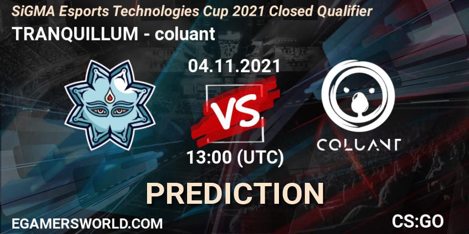 Prognose für das Spiel TRANQUILLUM VS coluant. 04.11.2021 at 13:15. Counter-Strike (CS2) - SiGMA Esports Technologies Cup 2021 Closed Qualifier