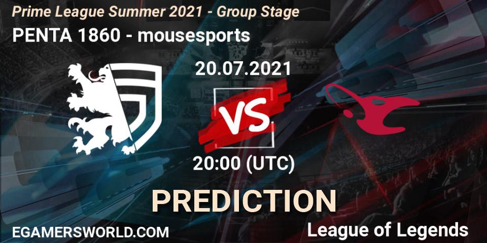 Prognose für das Spiel PENTA 1860 VS mousesports. 20.07.2021 at 18:00. LoL - Prime League Summer 2021 - Group Stage