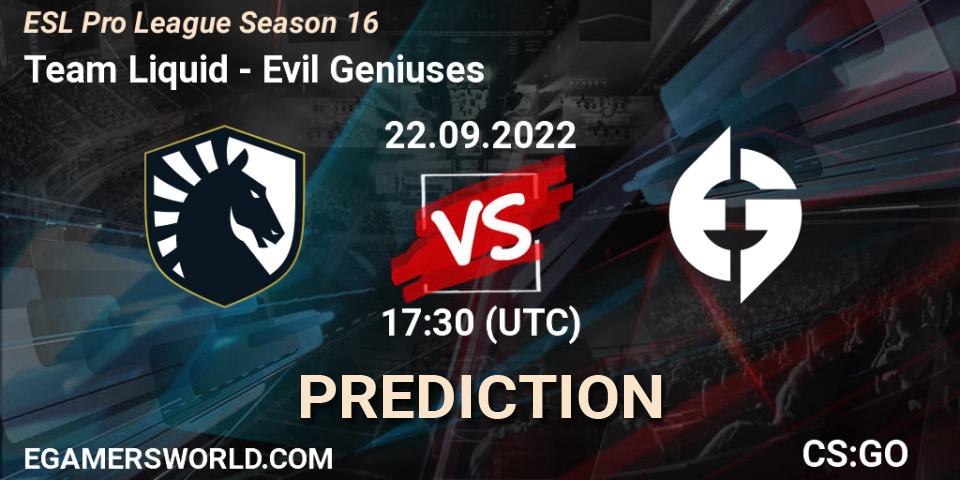Prognose für das Spiel Team Liquid VS Evil Geniuses. 22.09.2022 at 17:30. Counter-Strike (CS2) - ESL Pro League Season 16
