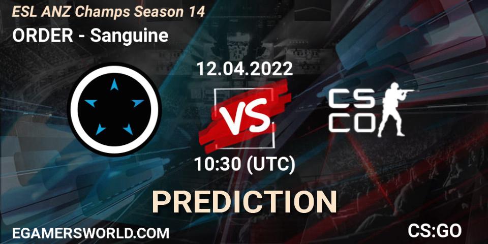 Prognose für das Spiel ORDER VS Sanguine. 12.04.2022 at 11:00. Counter-Strike (CS2) - ESL ANZ Champs Season 14