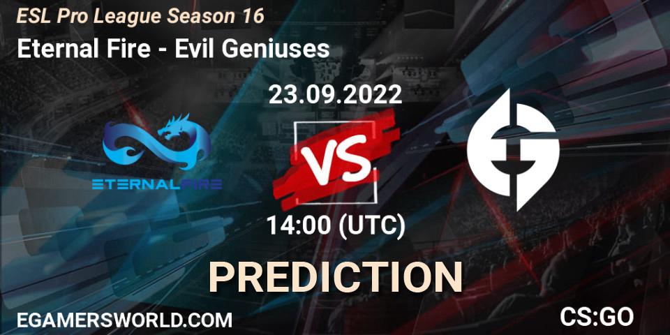 Prognose für das Spiel Eternal Fire VS Evil Geniuses. 23.09.2022 at 14:00. Counter-Strike (CS2) - ESL Pro League Season 16