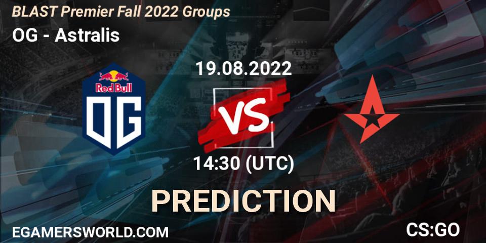 Prognose für das Spiel OG VS Astralis. 19.08.2022 at 15:10. Counter-Strike (CS2) - BLAST Premier Fall 2022 Groups