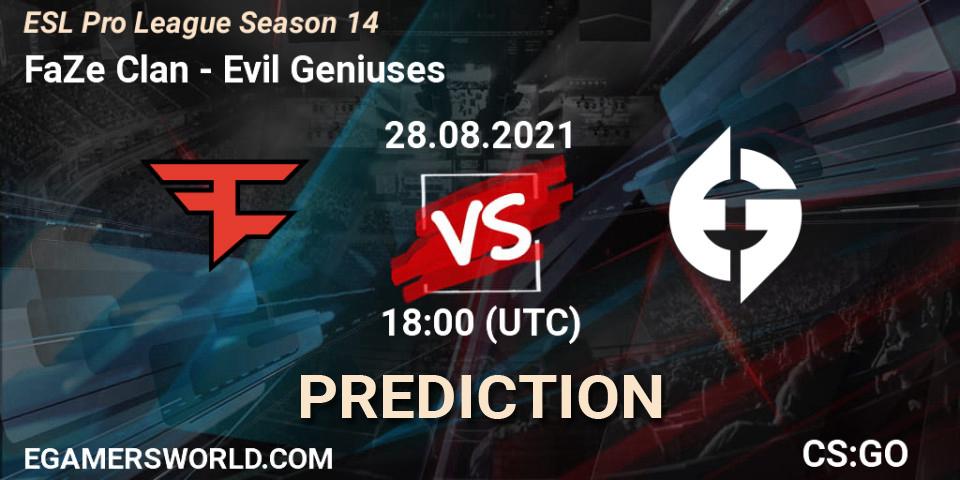 Prognose für das Spiel FaZe Clan VS Evil Geniuses. 28.08.21. CS2 (CS:GO) - ESL Pro League Season 14