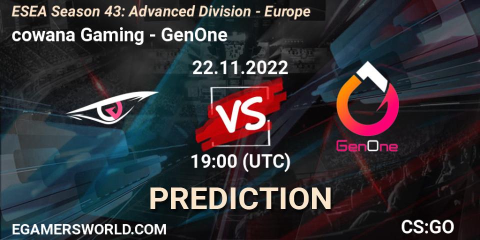 Prognose für das Spiel cowana Gaming VS GenOne. 22.11.22. CS2 (CS:GO) - ESEA Season 43: Advanced Division - Europe